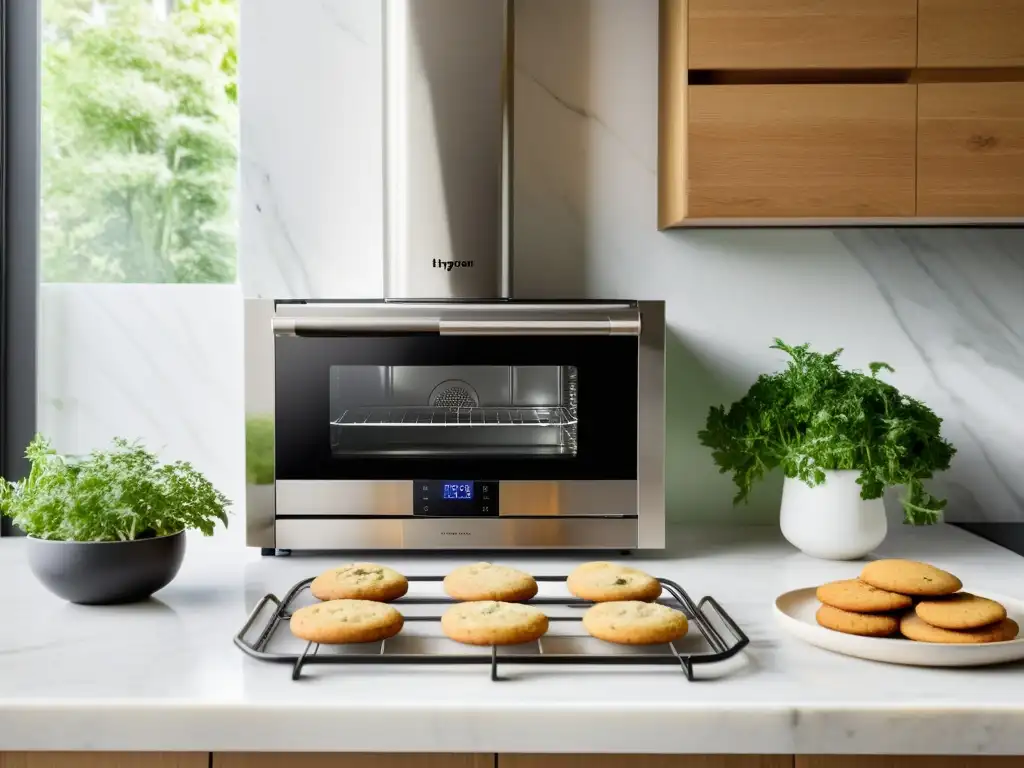 Moderna cocina con horno eléctrico de acero inoxidable, encimeras de mármol y un vibrante jardín de hierbas