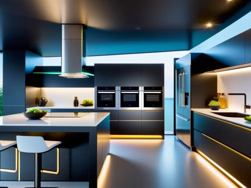 Cocina inteligente: gestión hogareña evolucionada Moderna cocina inteligente con electrodomésticos integrados con smartphones y tablets, creando una atmósfera acogedora y tecnológica