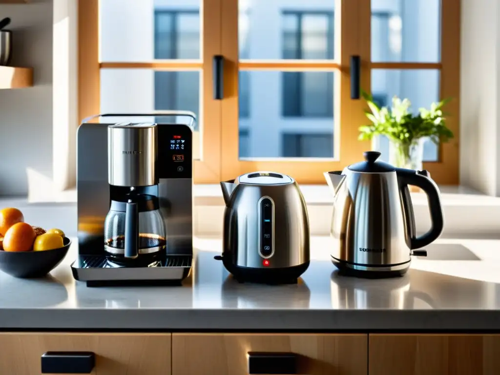 Electrodomésticos modernos en cocina minimalista Moderna cocina con los mejores pequeños electrodomésticos para hogar, bañados por la cálida luz matutina