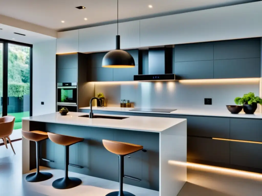 Moderna cocina minimalista con electrodomésticos inteligentes integrados en un ambiente sereno y sofisticado