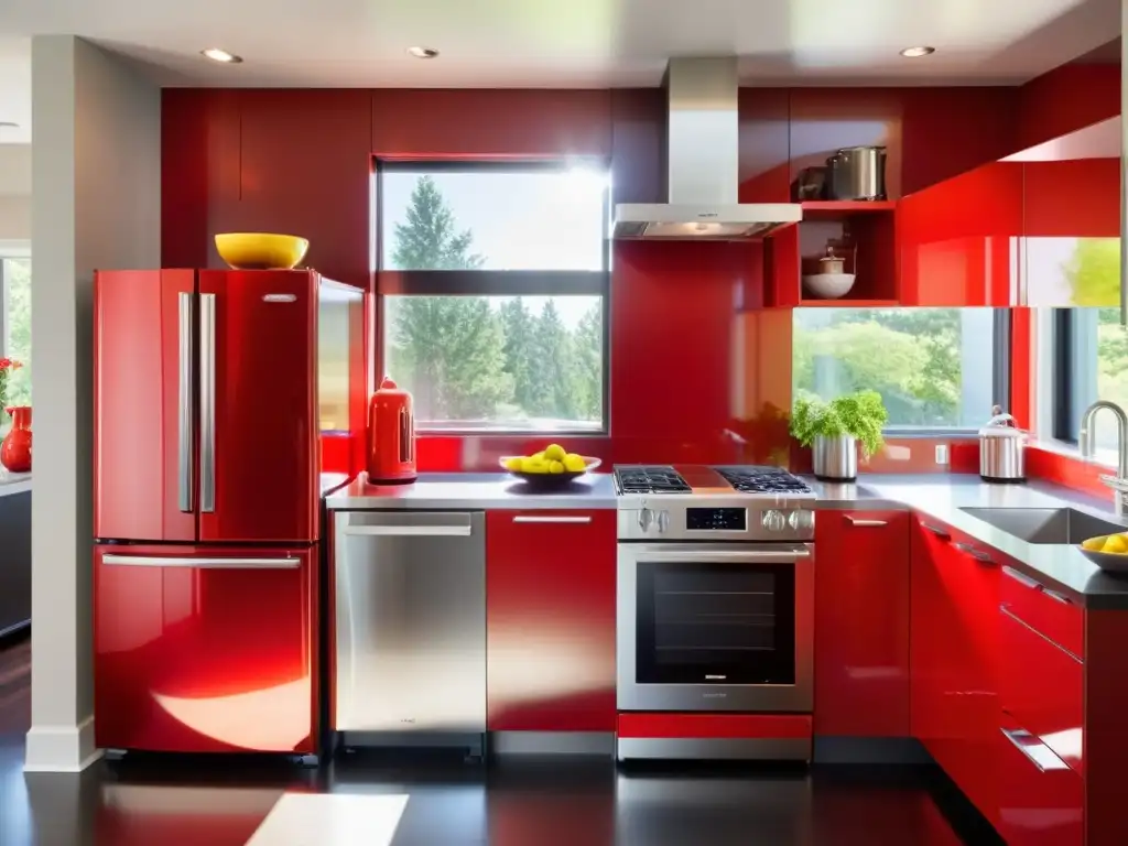 Cocina moderna en rojo, energética y elegante Moderna cocina roja con electrodomésticos de acero inoxidable, reflejando energía y estilo contemporáneo