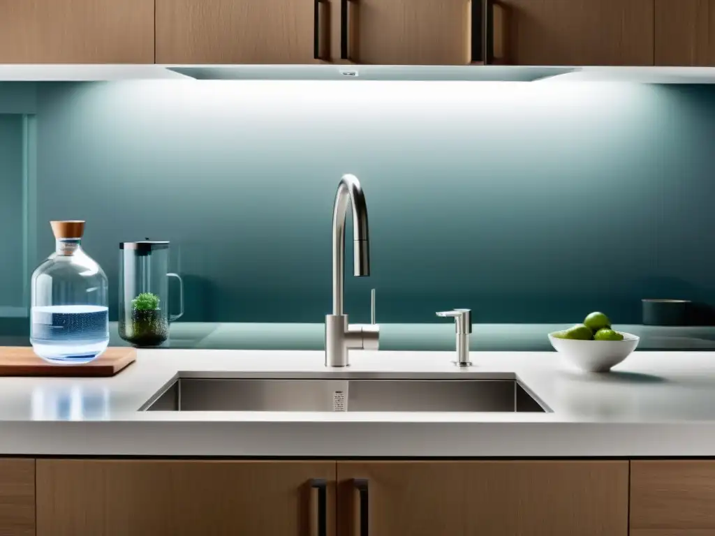 Cocina moderna con sistema de filtración de agua bajo el fregadero Moderna cocina con sistema de filtración de agua bajo el fregadero, resaltando la pureza y comodidad del agua filtrada en casa