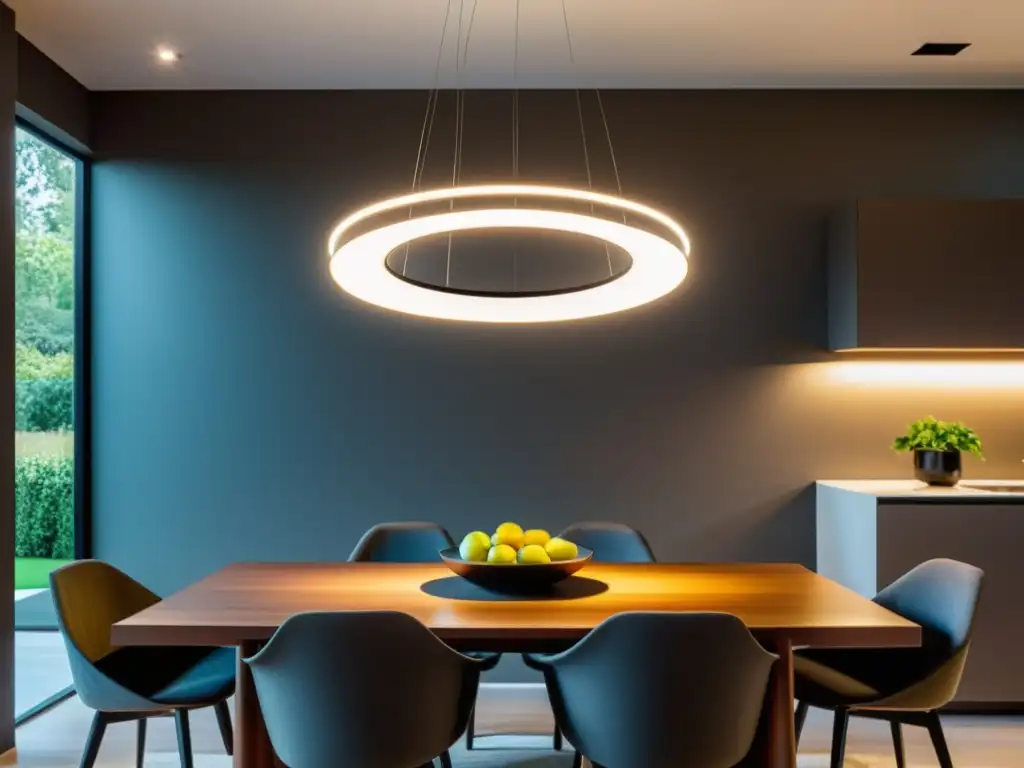Moderna lámpara colgante LED ilumina con estilo Una moderna lámpara colgante LED ilumina una elegante mesa de comedor en un hogar contemporáneo
