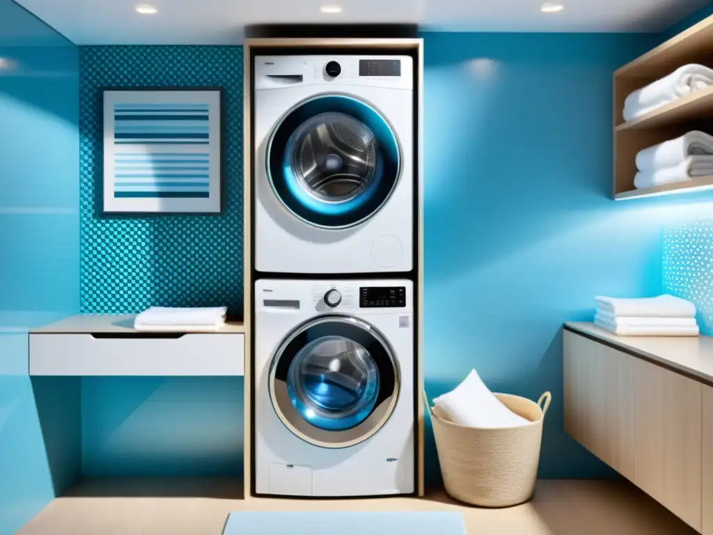 Lavandería moderna con tecnología y diseño vibrante Moderna lavandería con electrodomésticos inteligentes plateados y decoración vibrante
