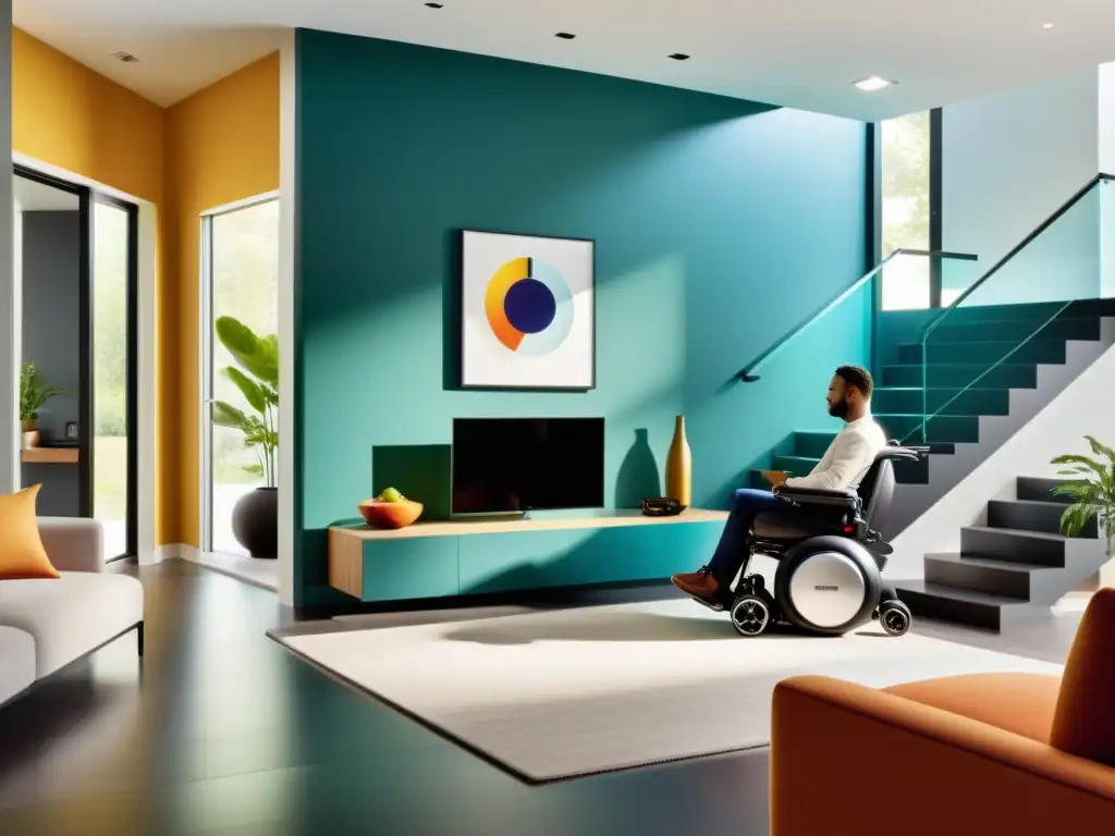 Vida independiente: Hogar inteligente accesible para todos Una moderna imagen de un sistema domótico con soluciones de automatización del hogar para personas con movilidad reducida