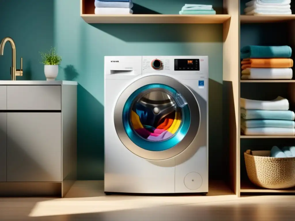 Lavadora de última tecnología con puerta transparente y luz cálida Moderna lavadora con tecnología Inverter, iluminada en ambiente cálido