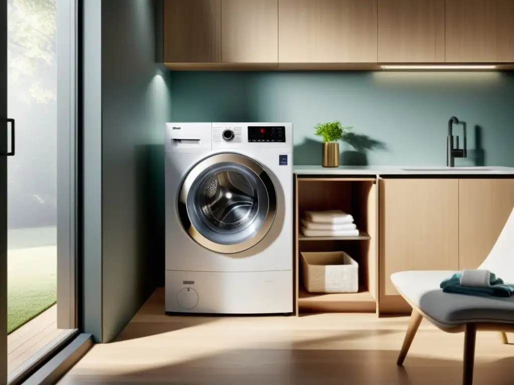 Moderna lavadora con panel transparente mostrando ciclo de lavado