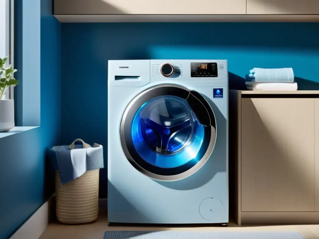 Lavadora moderna con tecnología Inverter: eficiencia y estilo En una moderna lavadora con tecnología Inverter, rodeada de ropa recién doblada en un luminoso y minimalista cuarto de lavado