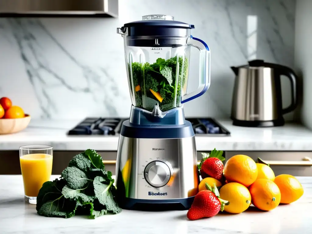 Batidora de alta velocidad con ingredientes frescos en cocina moderna Moderna licuadora de alta velocidad con ingredientes frescos y vibrantes