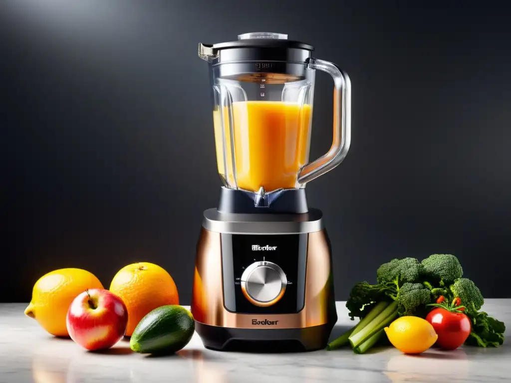Mezcladora de alta velocidad con frutas y verduras vibrantes Moderna licuadora de alta velocidad rodeada de frutas y verduras, destacando su diseño elegante y funcional