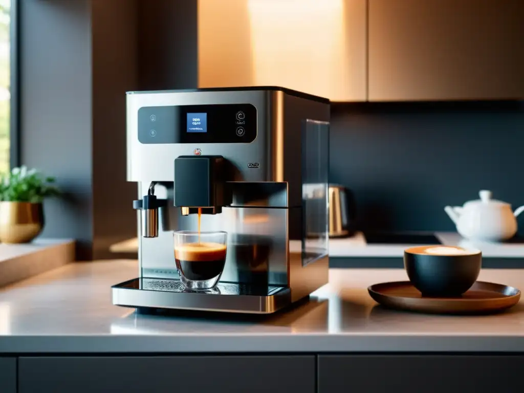 Máquina de café de diseño en cocina minimalista Una moderna máquina de café en cápsulas en un entorno minimalista, con una taza de espresso humeante en la encimera