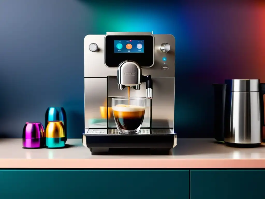 Máquina de café de diseño moderno con cápsulas coloridas Una moderna máquina de café en cápsulas con un diseño elegante y brillo metálico, rodeada de cápsulas de café coloridas