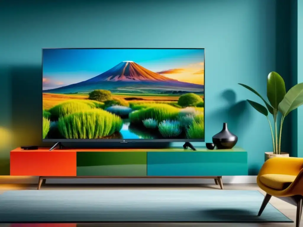 TV Smart montada en una sala moderna y elegante Una moderna Smart TV montada en una elegante sala de estar con ambiente acogedor