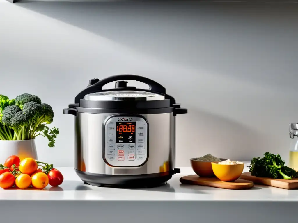 Olla a presión multifuncional: eficiencia y elegancia en la cocina Una moderna olla a presión multifuncional de acero inoxidable en una cocina blanca, con su suave brillo LED y vapor aromático