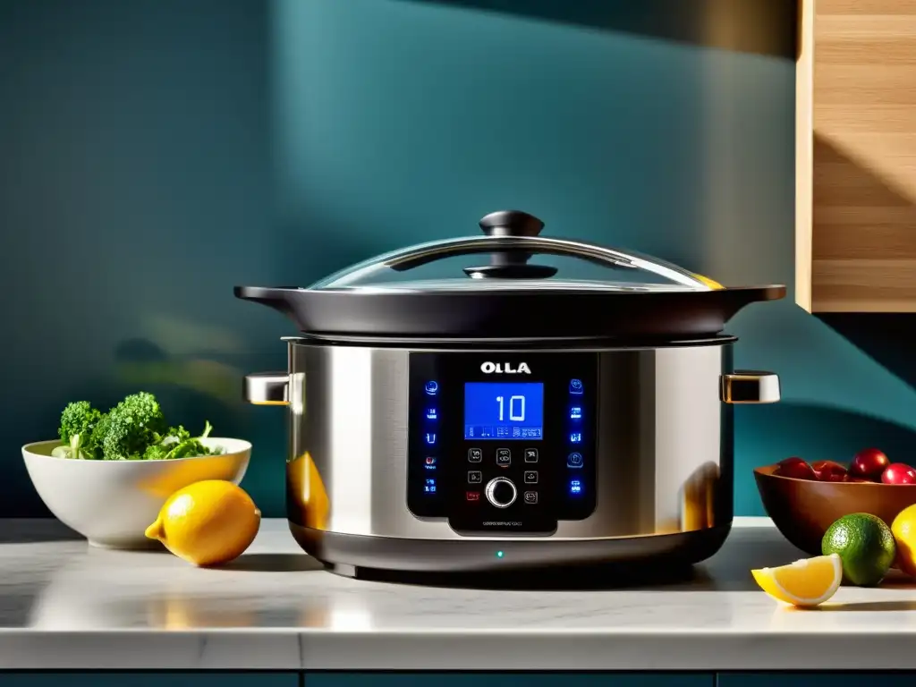 Olla a presión multifuncional de acero inoxidable Una moderna olla a presión multifuncional con diseño elegante y panel de control digital, en una cocina luminosa y moderna