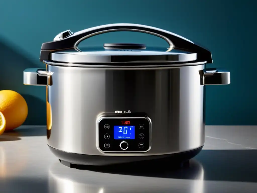 Olla a Presión Multifuncional de Acero Inoxidable en Cocina Moderna Una moderna olla a presión multifuncional en una elegante encimera de cocina