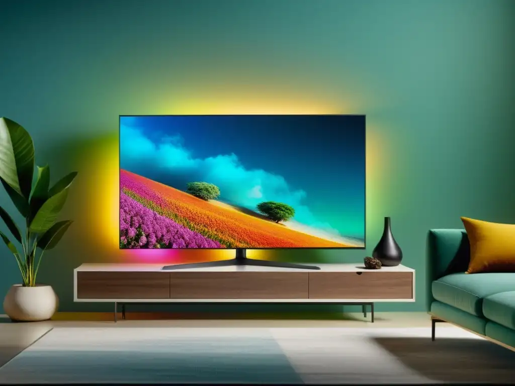 Televisor Smart TV 8K en sala contemporánea Una Smart TV moderna con pantalla cristalina 8K y un diseño minimalista en una sala contemporánea