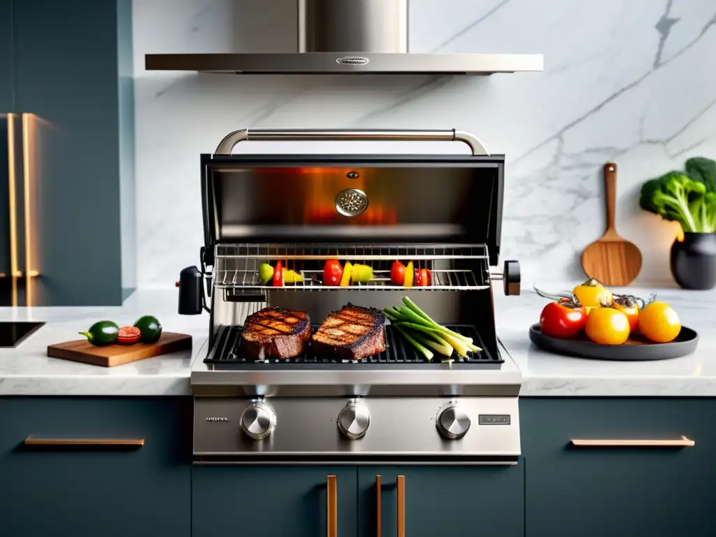 Parrilla eléctrica moderna para asar verduras y carne Una moderna parrilla eléctrica con deliciosos alimentos a la parrilla, en un entorno de cocina contemporánea