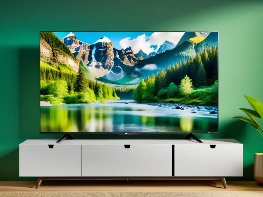 Televisor Smart montado en la pared: naturaleza en alta definición Una Smart TV moderna en una sala minimalista con imagen de naturaleza de alta definición