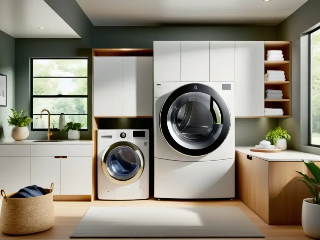 Secadoras de ropa modernas y eficientes en un elegante lavadero Una moderna sala de lavandería con tecnología eficiente para secadoras de ropa, luz natural y decoración elegante