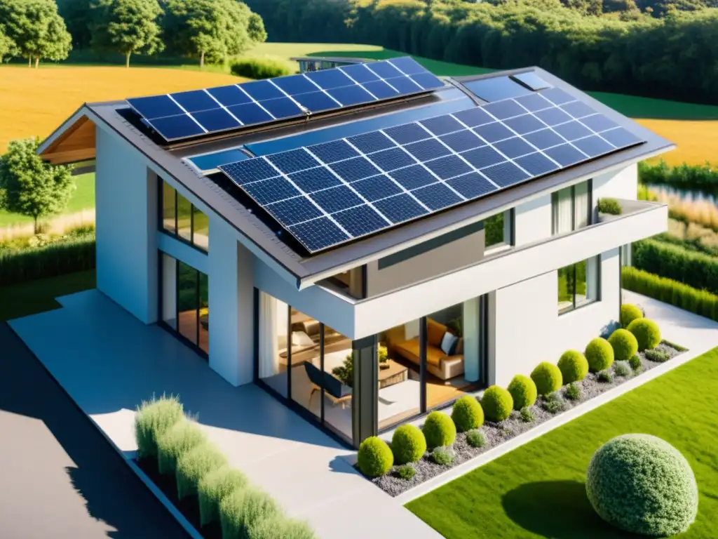 Vivienda suburbana moderna con paneles solares en 8k Moderna casa suburbana con paneles solares integrados, reflejando la integración de la tecnología solar y los costos y ahorros paneles solares