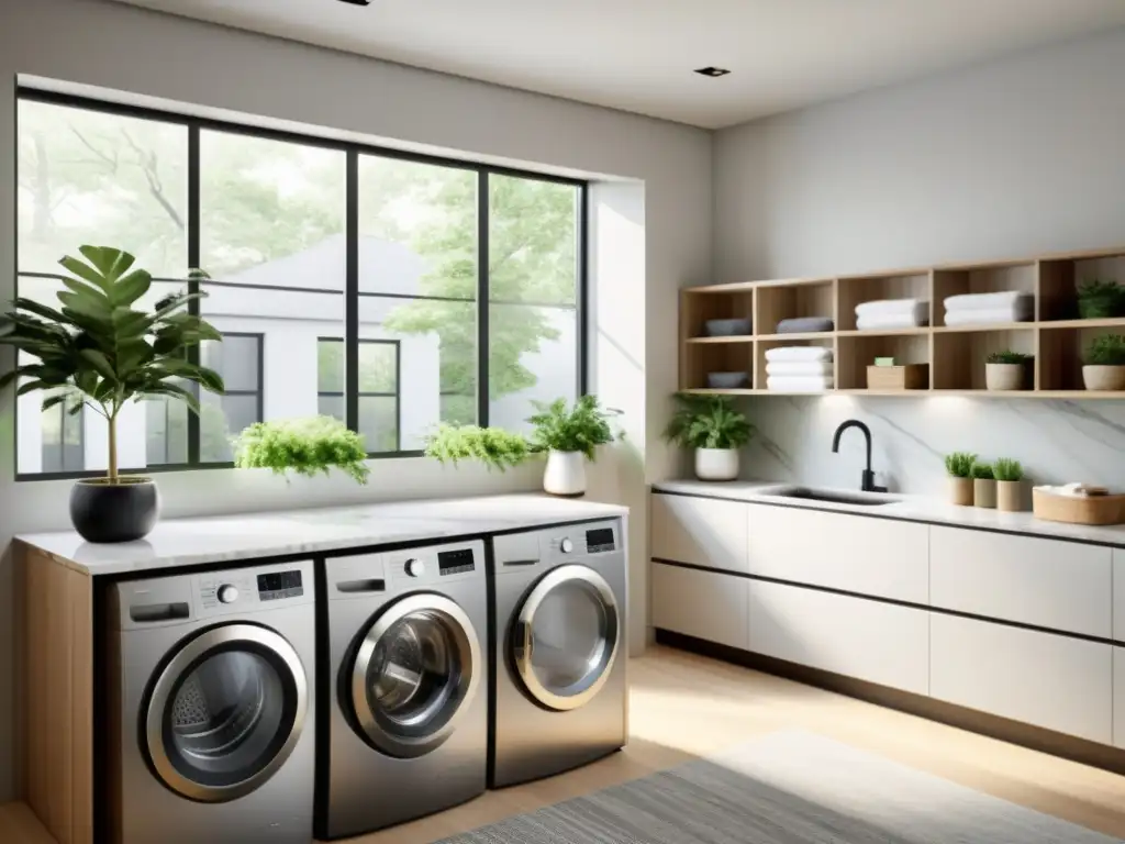 Lavandería moderna con electrodomésticos de acero inoxidable y toque verde Una moderna lavandería con tecnología innovadora, electrodomésticos de acero inoxidable y luz natural