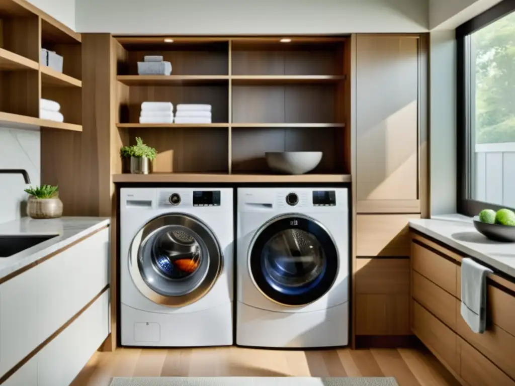 Lavandería moderna y lujosa con diseño minimalista y elegante Una moderna lavandería con tecnología innovadora, elegante diseño y toque de lujo