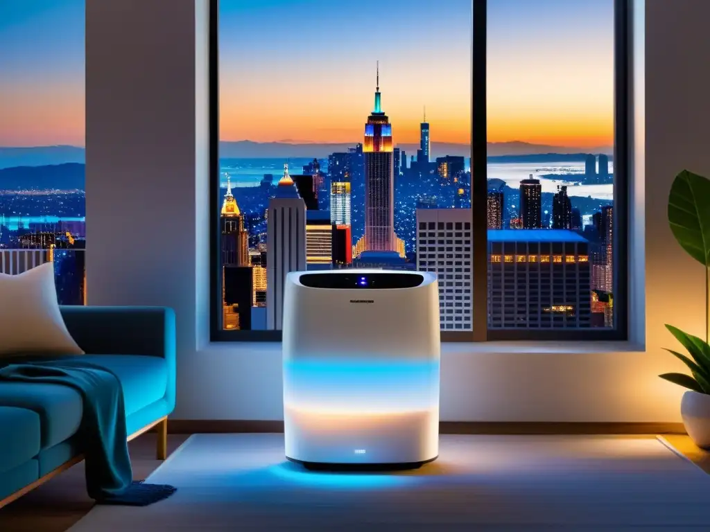Aire acondicionado portátil: confort y modernidad en casa Un moderno aire acondicionado portátil en un elegante salón, con luz ambiental y vista a la ciudad al atardecer