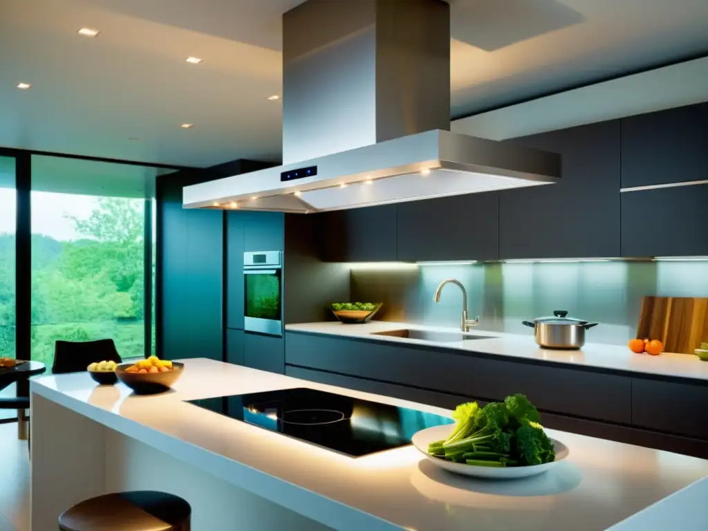 Cocina moderna con campana de acero inoxidable y chef en acción Un moderno ambiente de cocina con una elegante campana extractora de acero inoxidable suspendida sobre una cocina de última generación