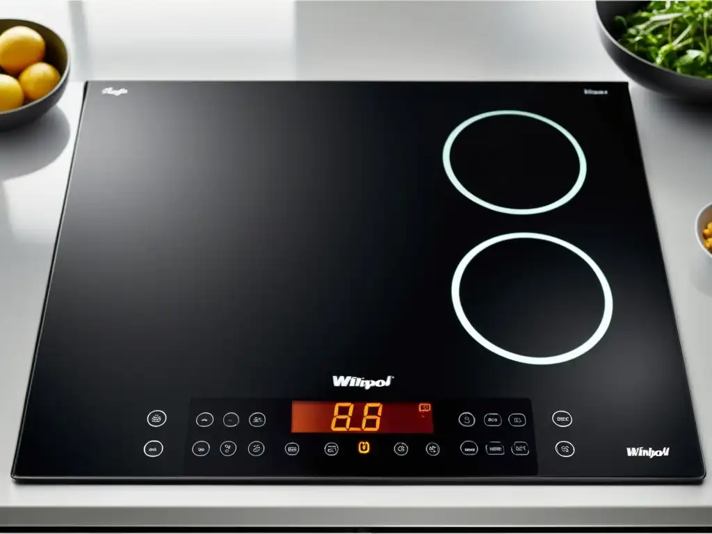 Moderno anafe de inducción Whirlpool con diseño elegante y tecnología avanzada, potenciando la cocina