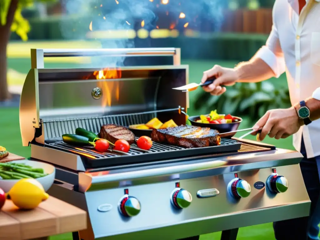 Un moderno asador eléctrico en una animada fiesta de barbacoa al aire libre