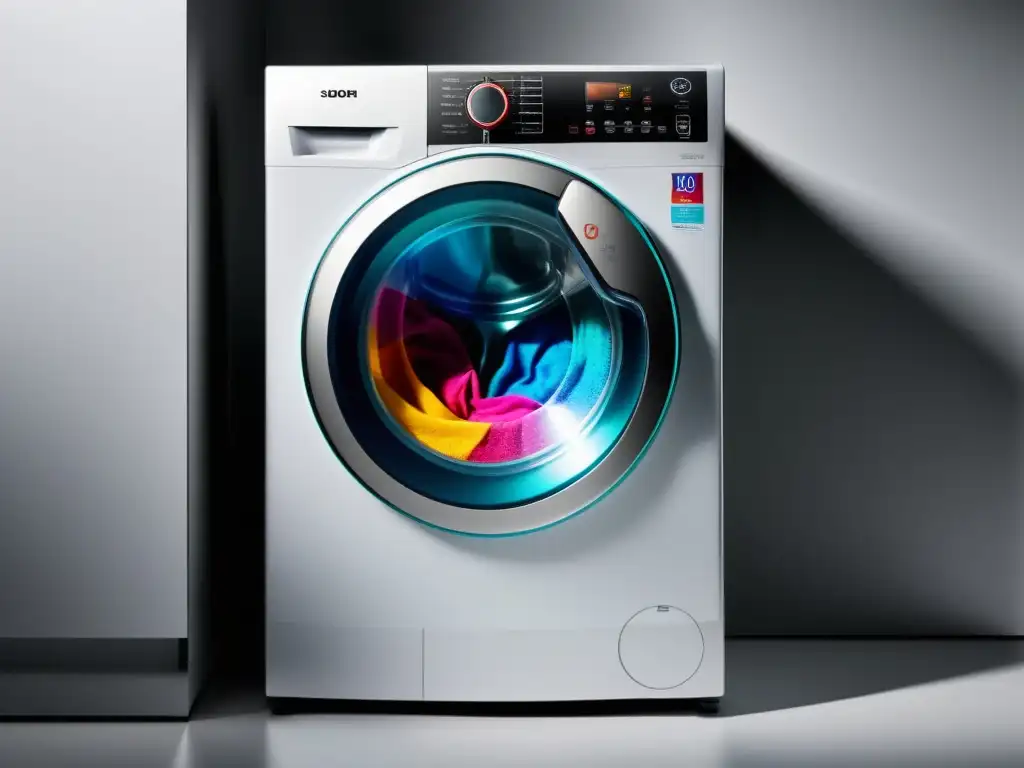 Lavadora automática moderna con ropa colorida en ciclo Moderno lavarropas automático con ropa colorida en ciclo de lavado
