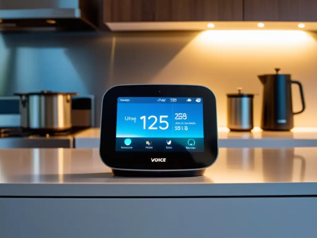 Hogar inteligente: control por voz y comodidad futurista Un moderno centro doméstico controlado por voz en la cocina, integrando electrodomésticos