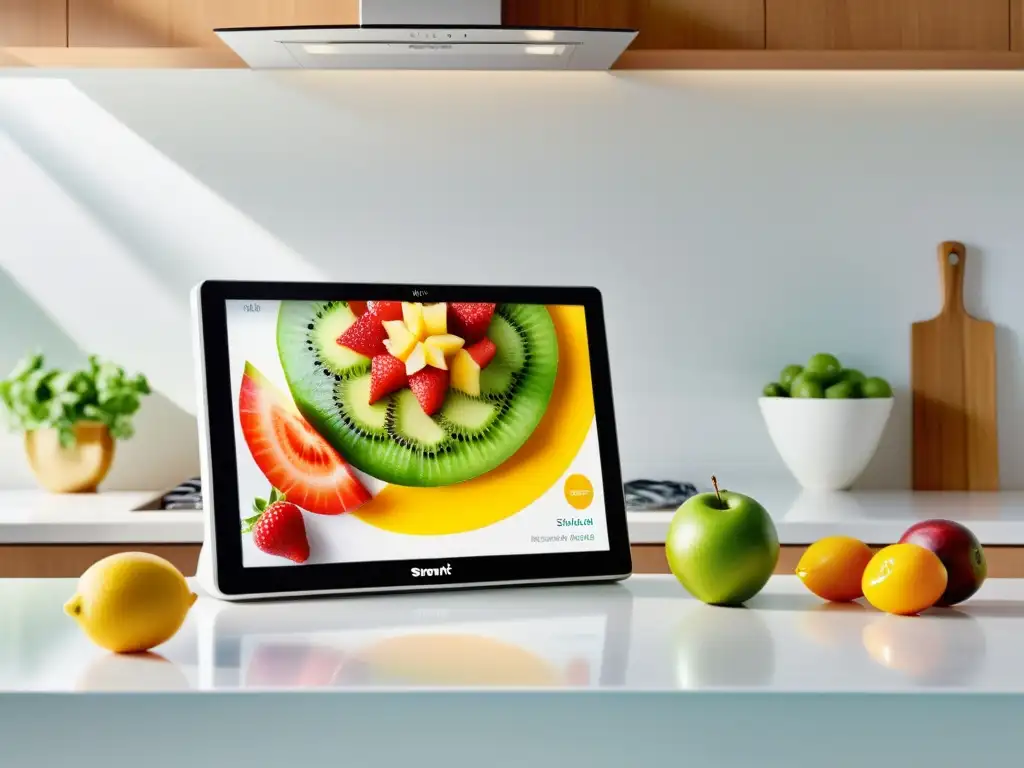 Display inteligente muestra ensalada de frutas vibrante Un moderno smart display en la cocina muestra una vibrante ensalada de frutas