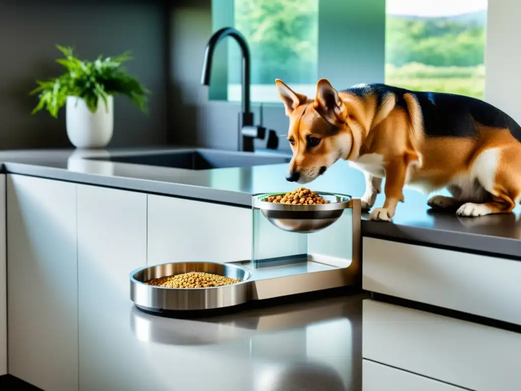 Alimentador inteligente para mascotas: tecnología y cuidado en casa Un moderno comedero inteligente para mascotas en una cocina blanca, dispensando comida para un perro peludo
