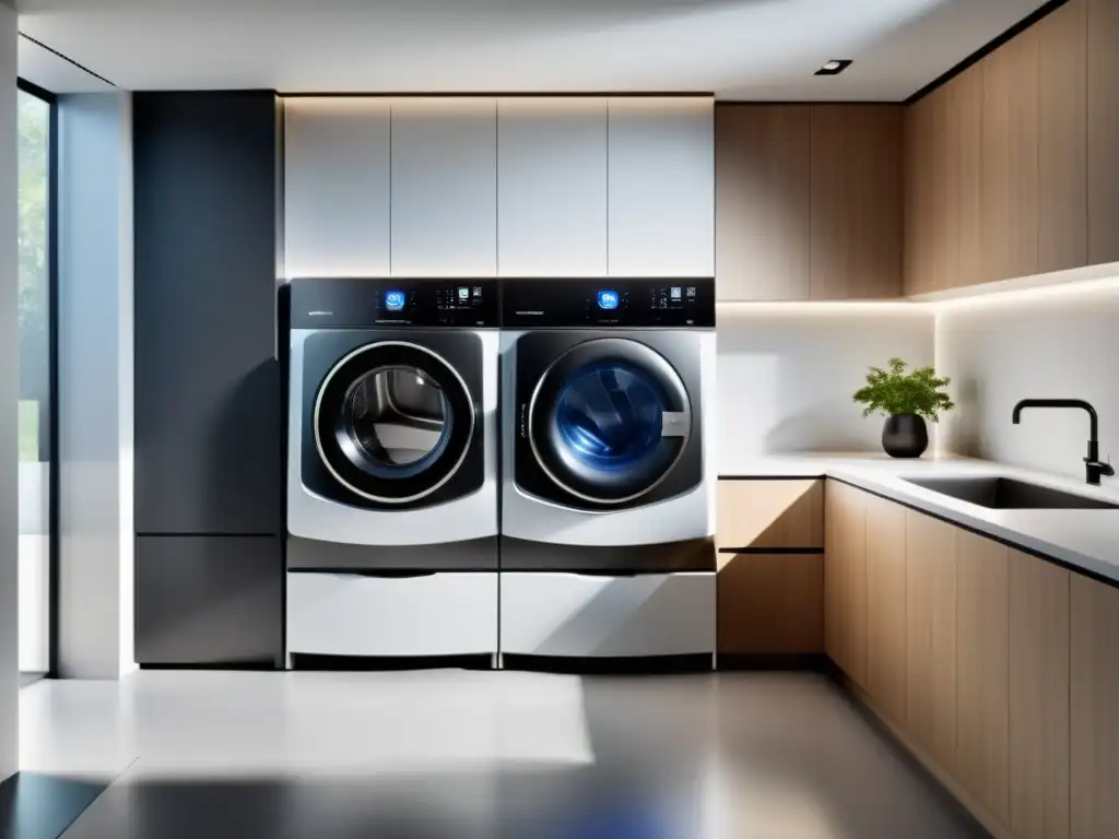 Laundry room futurista con robot plegador y máquina autónoma Un moderno cuarto de lavado con robots plegadores de ropa y máquinas autónomas de vanguardia