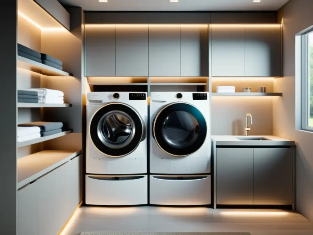Laundry Room Futurista: Robótica de Última Generación En un moderno cuarto de lavado, robots plegadores de ropa futuristas iluminados con luz suave organizan la colada con precisión y eficiencia