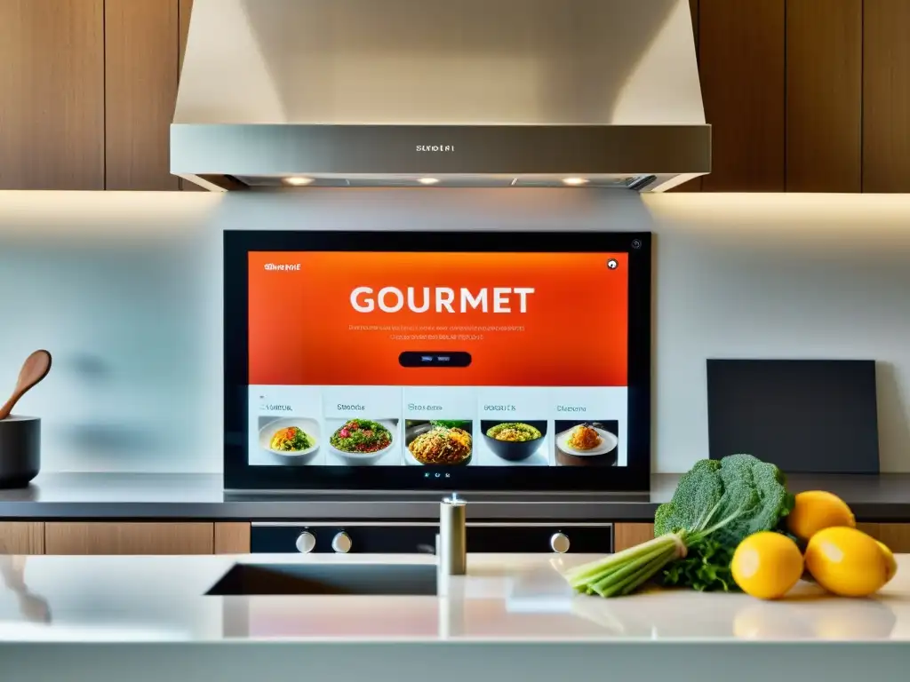Pantalla inteligente de cocina con receta gourmet en alta definición Un moderno smart display en una elegante cocina, mostrando pasos de una receta gourmet
