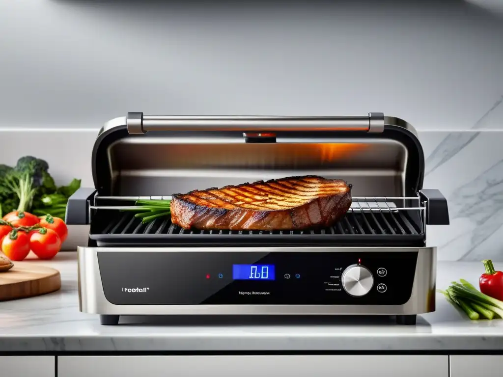 Parrilla eléctrica moderna en cocina elegante Un moderno grill eléctrico de acero inoxidable en una cocina elegante, con vegetales vibrantes y carne sizzling, emitiendo un aroma delicioso
