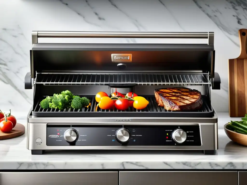 Parrilla eléctrica moderna para cocina de diseño Moderno grill eléctrico en elegante cocina con ingredientes frescos y suaves luces naturales