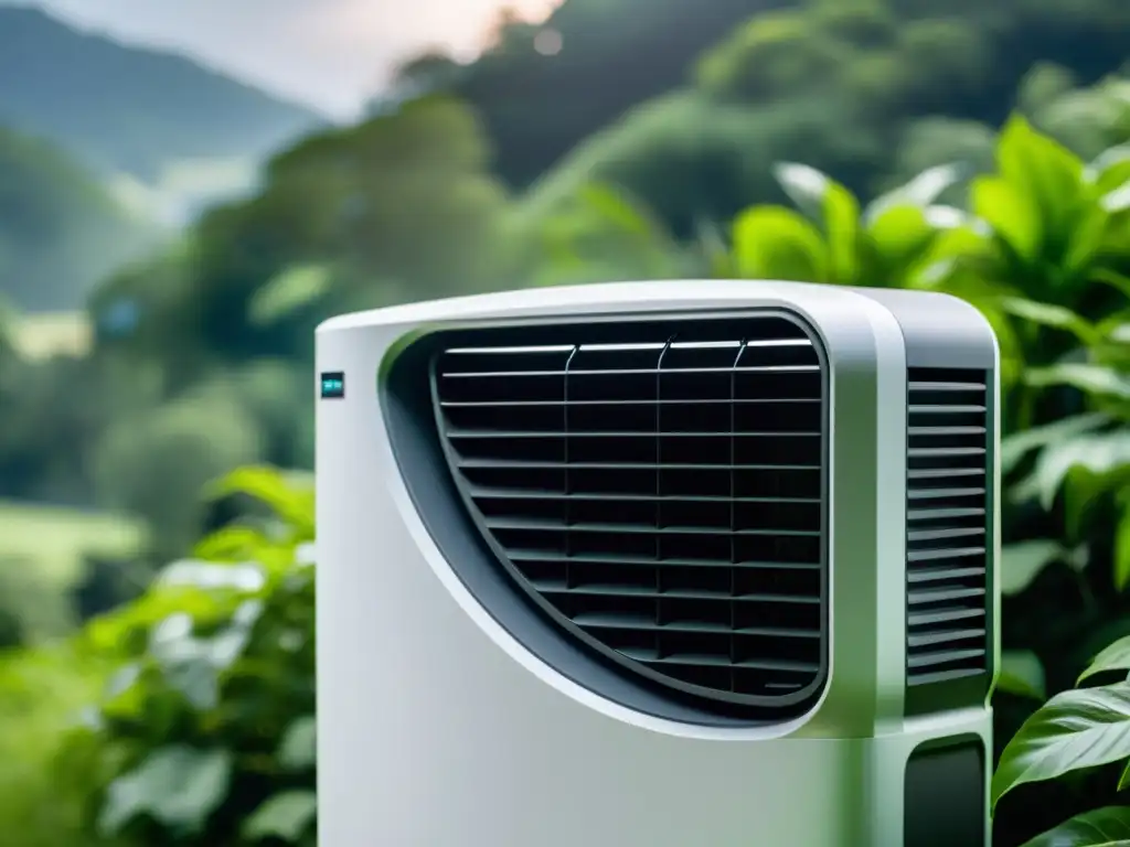 Unidad de aire acondicionado ecológica en paisaje verde Un moderno y elegante aire acondicionado con diseño futurista, iluminado con suave luz ambiental en un paisaje verde exuberante