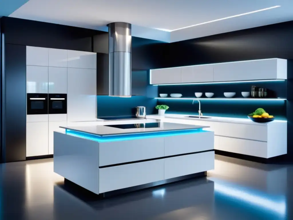 Cocina futurista con electrodomésticos de diseño elegante Moderno espacio de cocina con electrodomésticos de diseño futurista, en sinergia con la funcionalidad y la moda