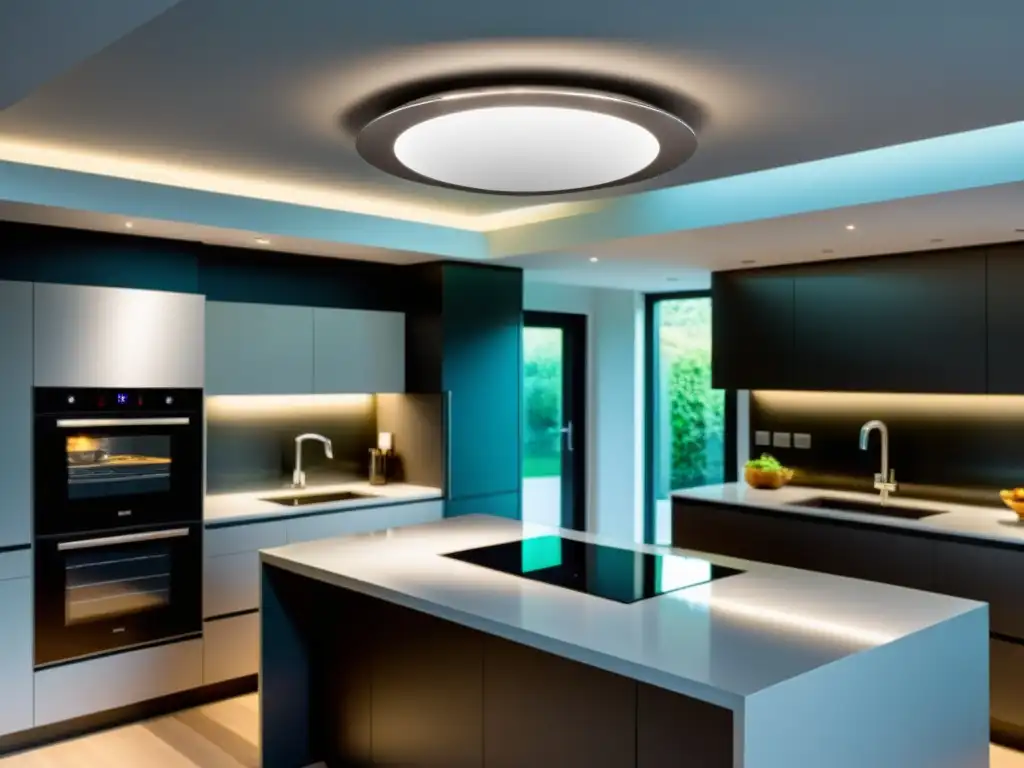 Extractor de cocina moderno con acero inoxidable y luces LED Un moderno extractor de techo para cocina, acero inoxidable, iluminación LED y panel táctil, sobre una isla con encimera de cuarzo y placa de inducción