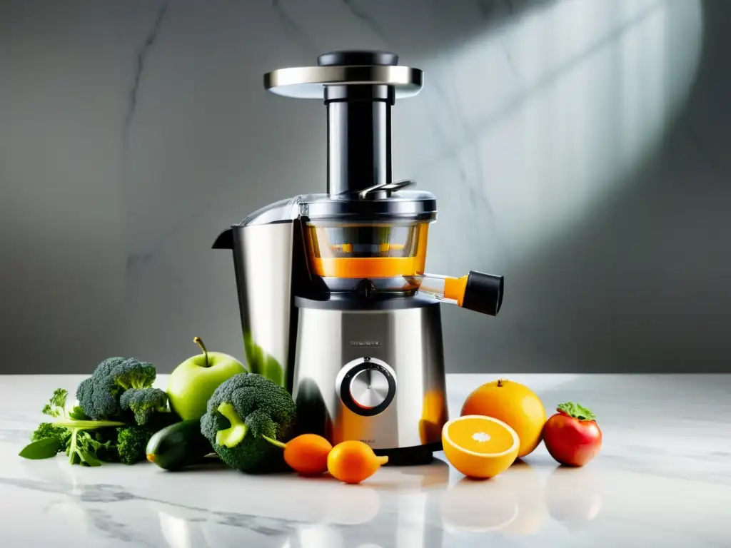 Un moderno extractor de jugos con diseño elegante, rodeado de frutas y verduras frescas, sobre una encimera de mármol blanco