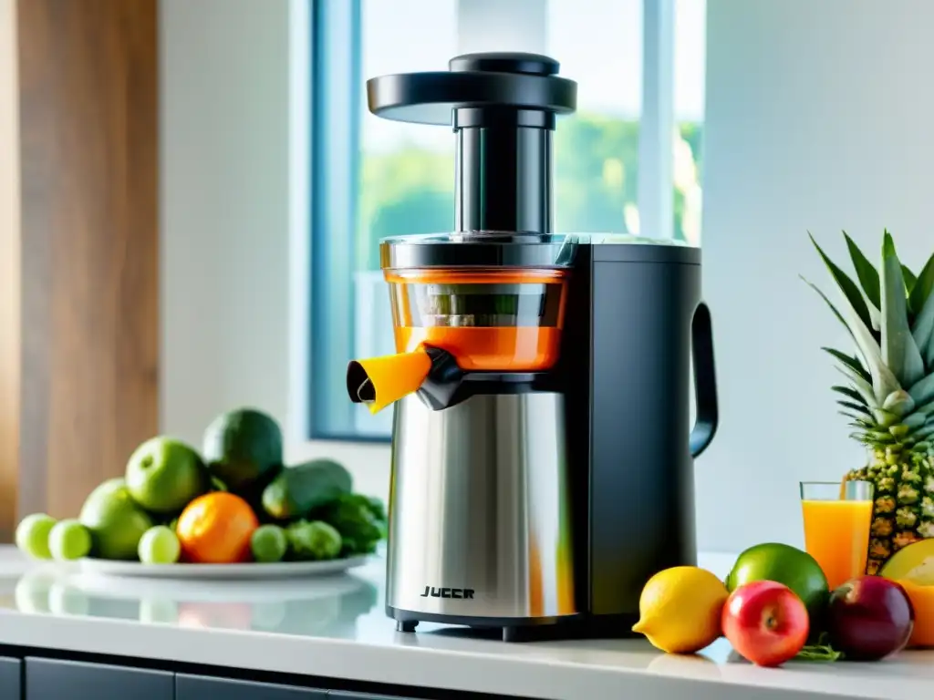 Un moderno extractor de jugos con pantalla digital y acabado de acero inoxidable, rodeado de frutas y verduras frescas en una cocina blanca