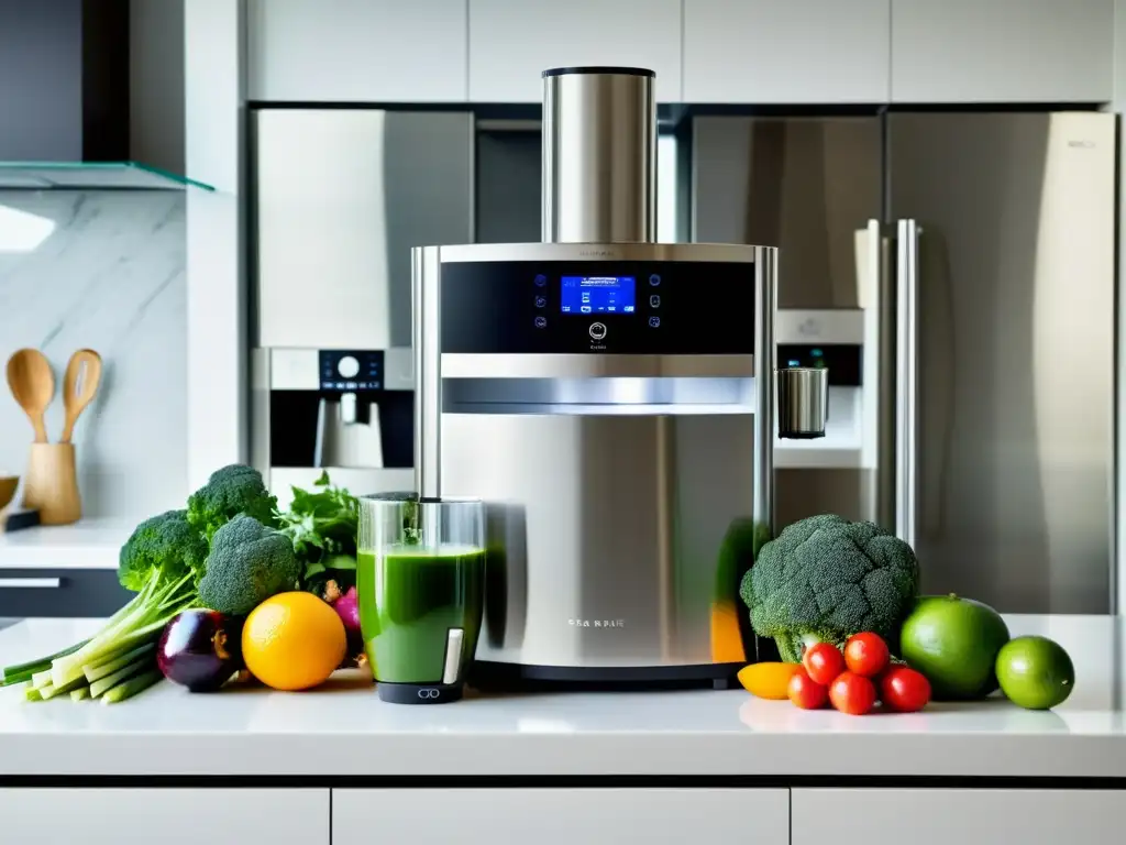 Un moderno extractor de jugos tecnológico brilla en una cocina, rodeado de frutas y vegetales frescos