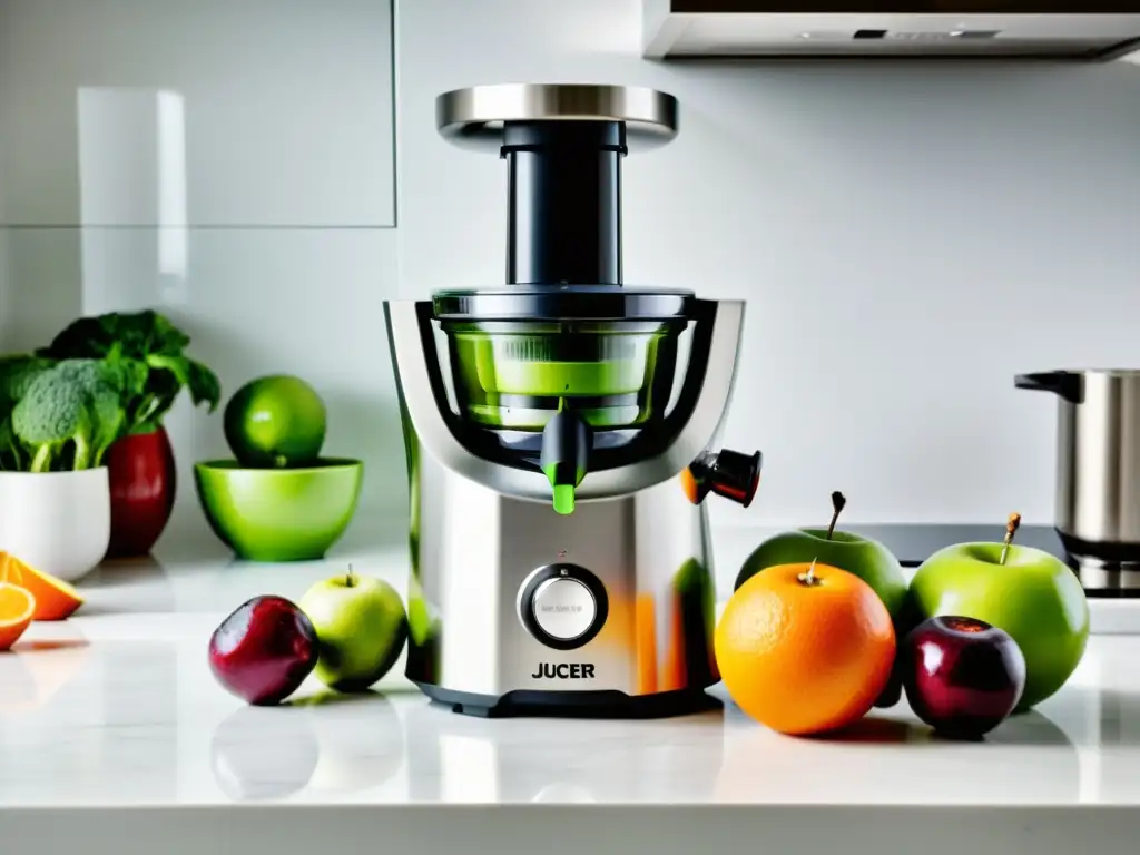 Un moderno extractor de jugos tecnológico para el hogar en una cocina elegante con frutas frescas y luz natural
