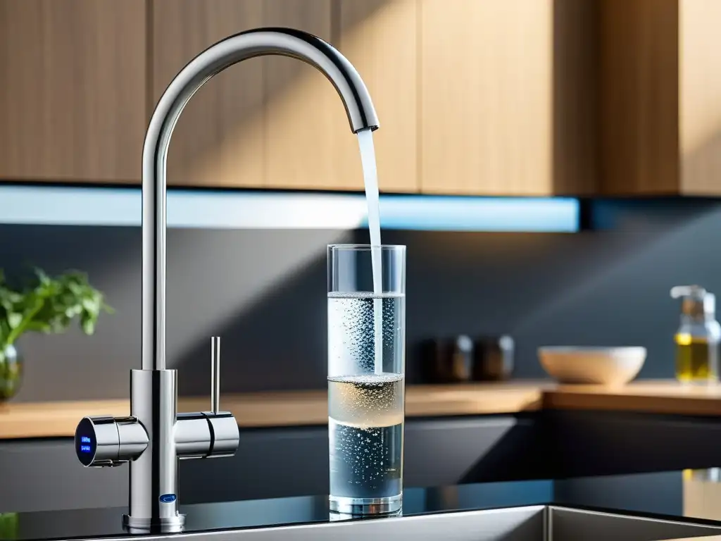 Grifo filtrante de agua: pureza y elegancia Un moderno filtro de agua para grifo en acción, con agua cristalina fluyendo a un vaso