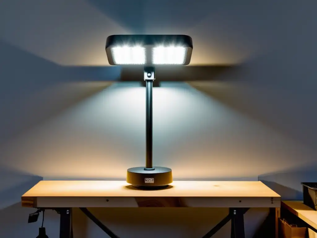 Luz de trabajo LED ultrabrillante para taller mecánico Un moderno foco LED ilumina un taller mecánico, resaltando herramientas relucientes