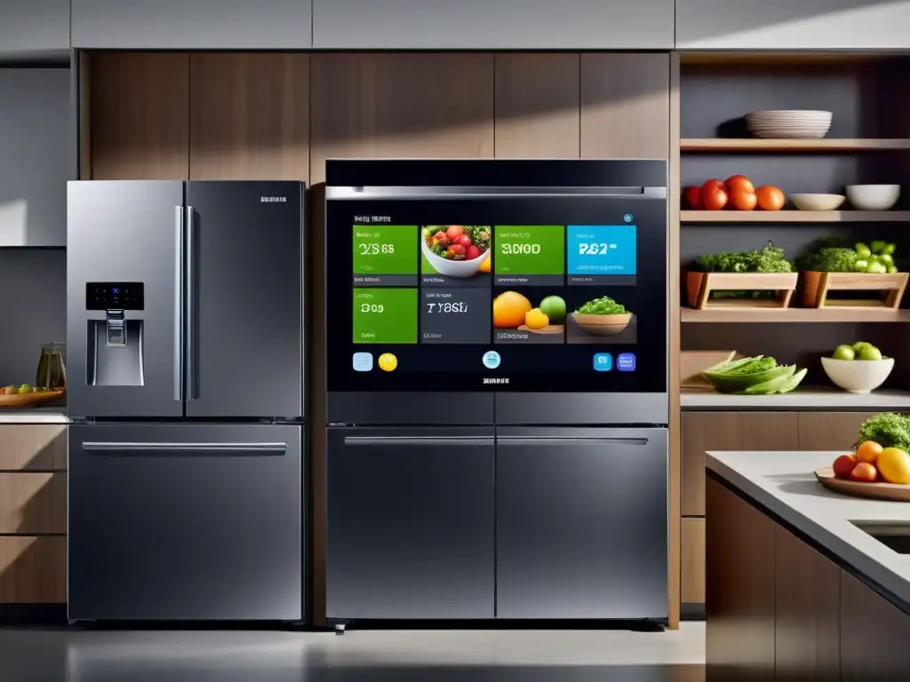 Refrigerador Samsung Family Hub: Funcionalidad y Diseño Moderno Un moderno frigorífico Samsung Family Hub en una cocina elegante, con pantalla táctil integrada y compartimentos inteligentes